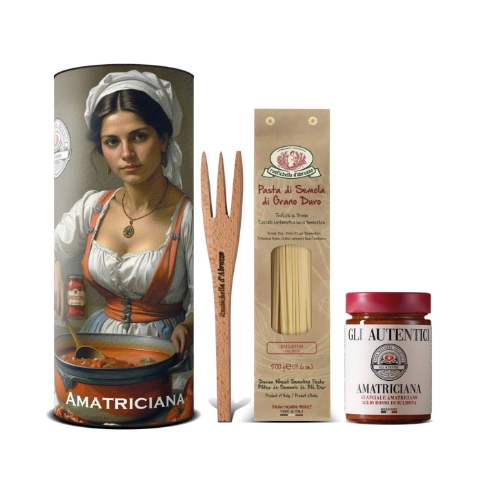 Rustichella Amatriciana ajándékdoboz 800g (Durum Bucatini 500g + Amatriciana szósz 300g + favilla)
