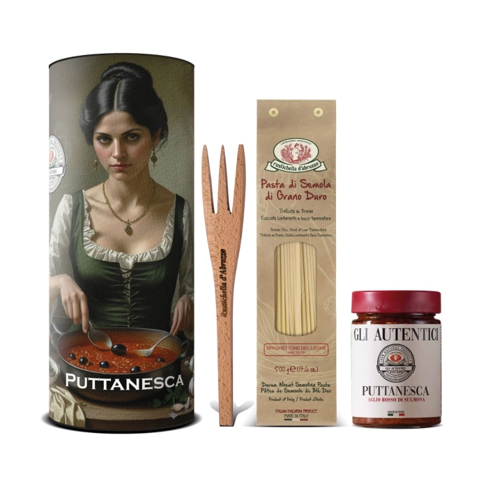 Rustichella Puttanesca ajándékdoboz 800g (Durum spagetti vastag 500g+Puttanesca szósz 300g+favilla)
