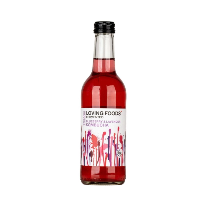 Loving Foods kékáfonya-levendula ízesítésű kombucha zöldtea ital 0,33l