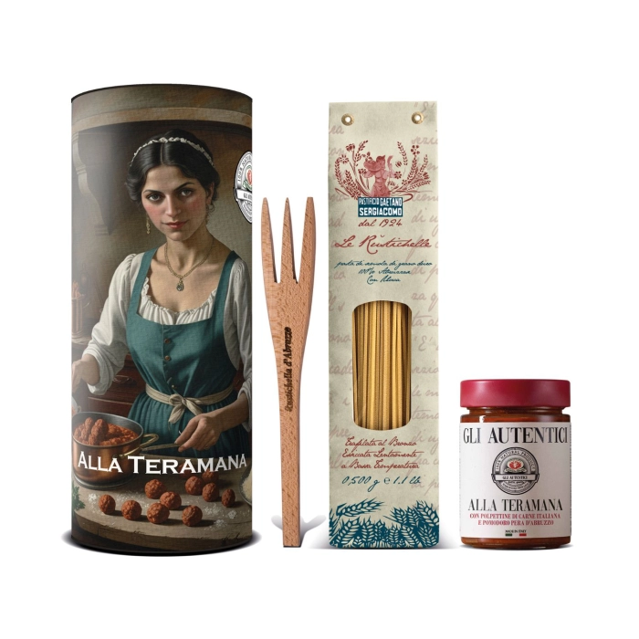Rustichella Teramana ajándékdoboz 800g (Durum Rustichelle 500g + Teramana szósz 300g + favilla)