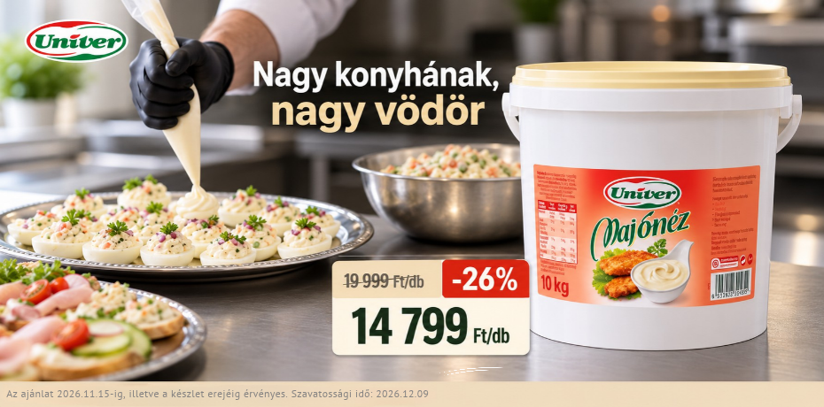 Az Univer majonéz 10 kg-os vödörben a hidegtálak, saláták és töltött tojások megbízható alapja, így a nagy konyha csúcsidőben sem marad le róla.