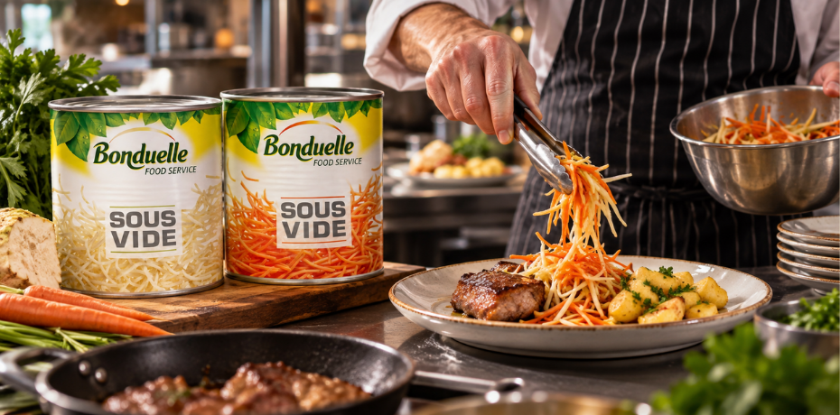 A Bonduelle Sous Vide zöldségjulienne azonnal tálalható, előkészített alapanyag – időt spórol a konyhában, miközben mindig kifogástalan, esztétikus végeredményt ad a tányéron.