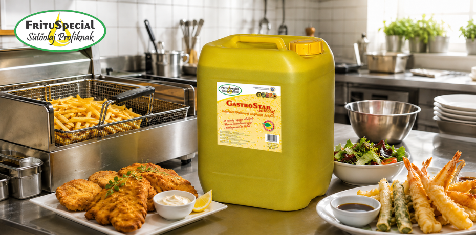 A GastroStar sütőolaj hosszú élettartammal, semleges ízzel és illattal bírja a nagyüzemi sütést – krumplitól a rántott húson át a tempuráig mindig egyenletes eredményt ad.