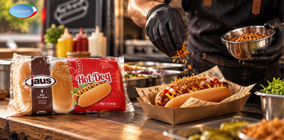 A Jaus hot-dog kifli mindig friss, egyenletes és azonnal tálalható – nincs vágás, nincs veszteség, csak gyors kiszolgálás a pörgős pultnál.