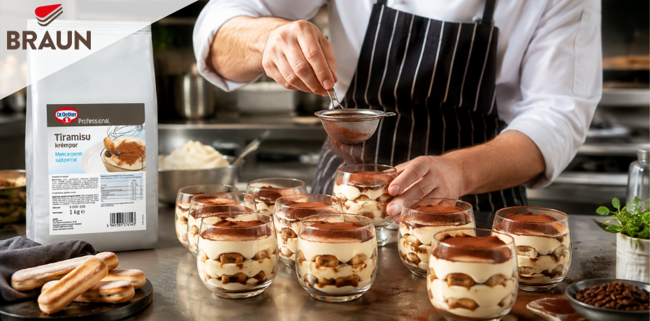 A Dr. Oetker Professional Tiramisu krémpor mascarpone sajtporral egyszerűen és gyorsan elkészíthető, mégis prémium minőségű desszertélményt nyújt vendégeidnek!  Tökéletes választás éttermed menüsorába vagy rendezvényekre is.